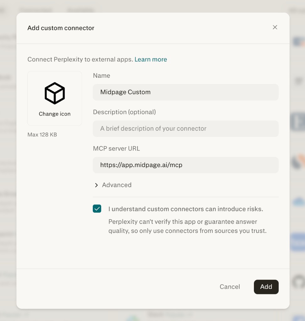 Adding Midpage as a custom connector in Perplexity